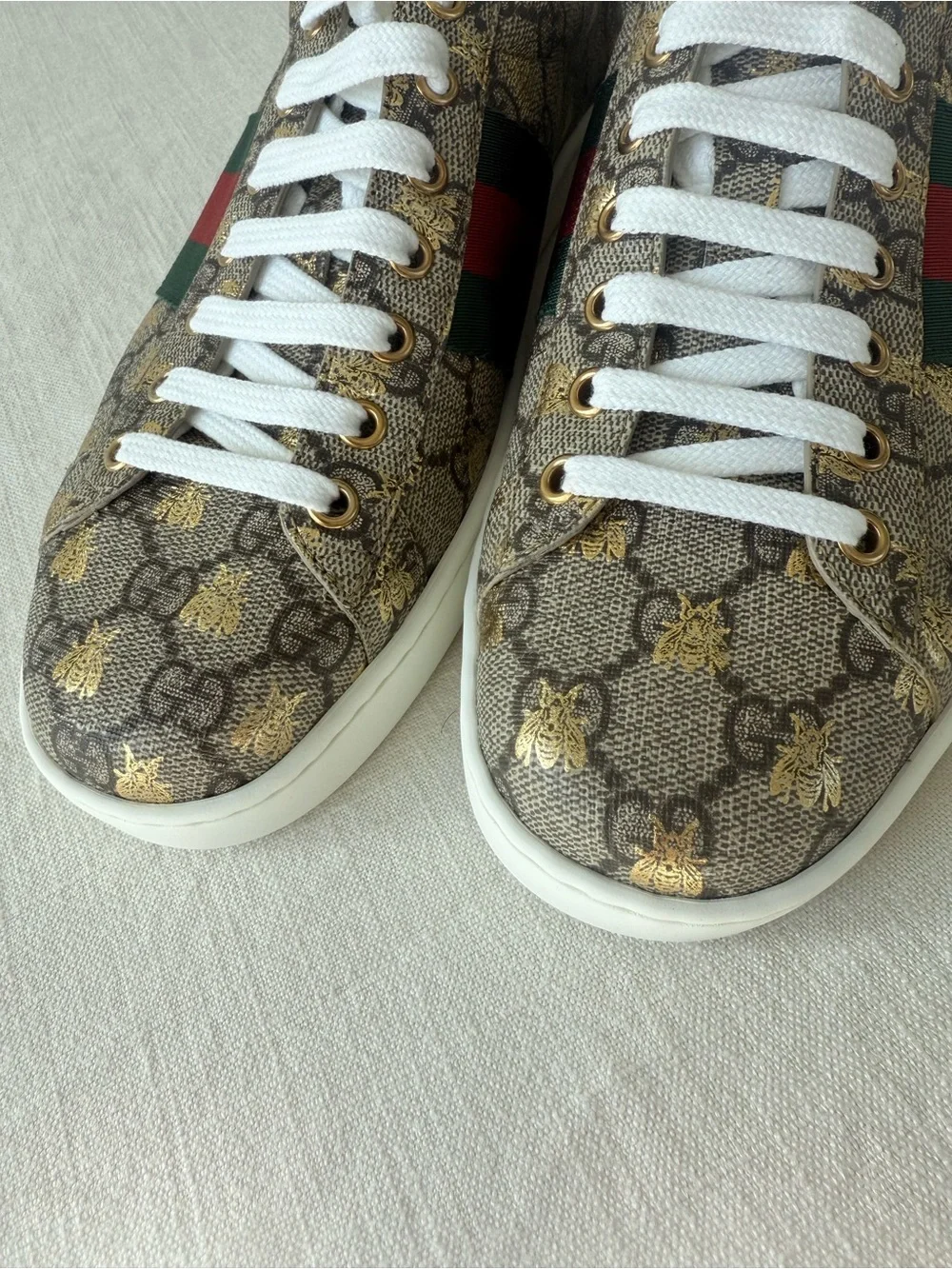 Gucci Men’s GG Supreme Sneaker with Red and Green Web and Gold Bee Motif